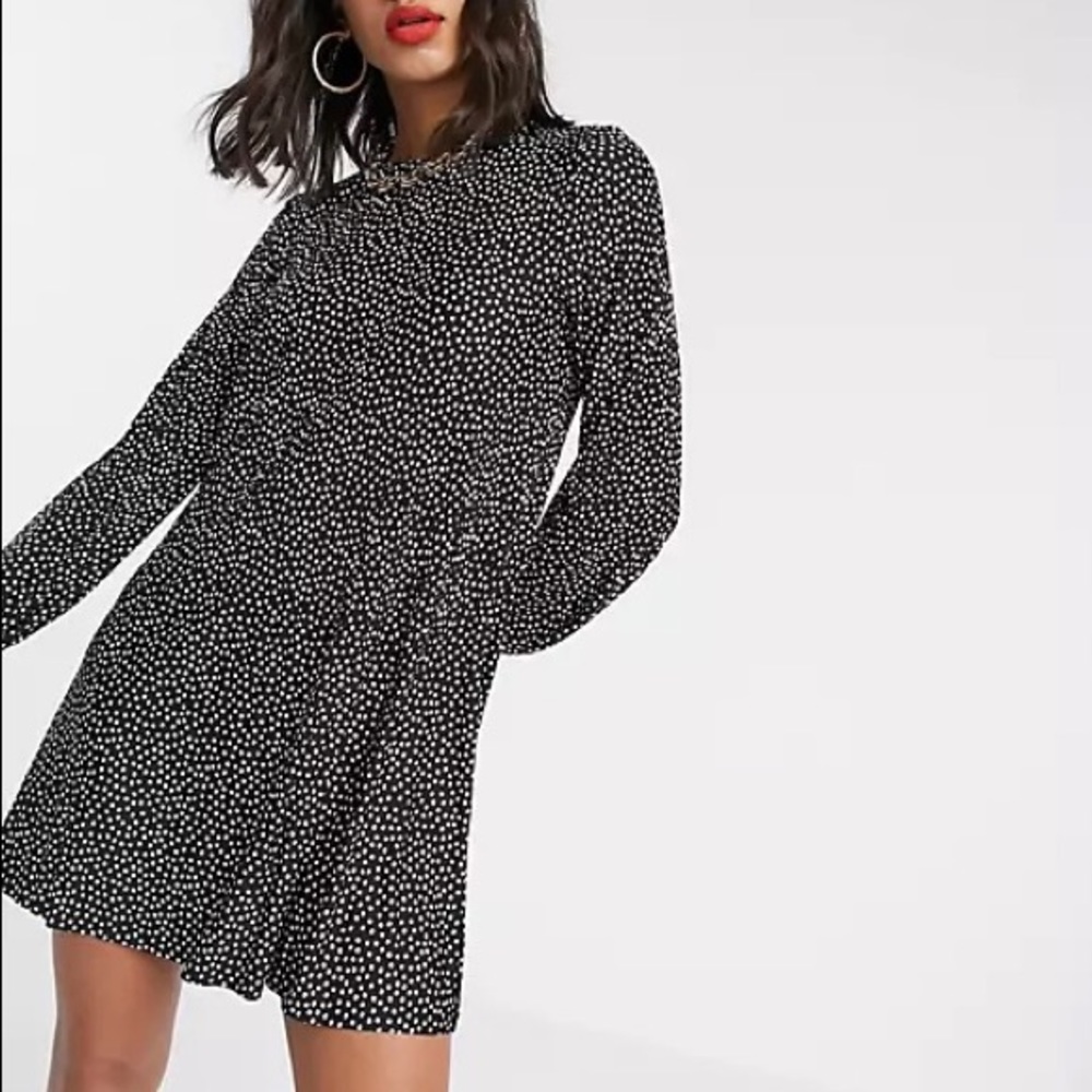 ASOS Stradivarius pleated dress in black with white dots